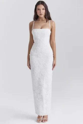 Eva hvit blomstret blonder-maxi-kjol
