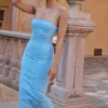 Eva Tuscan Blue brodert blomstermønstret maxikjole