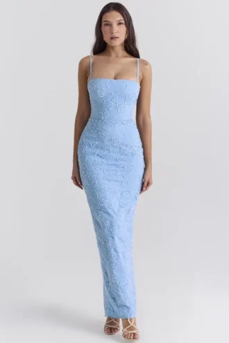 Eva Tuscan Blue brodert blomstermønstret maxikjole