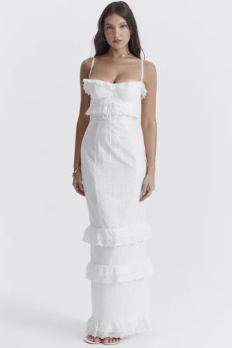 Eve hvit broderi-maxi-kjole