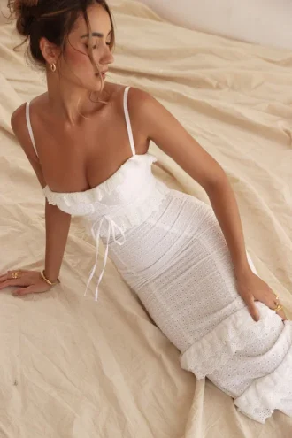 Eve hvit broderi-maxi-kjole
