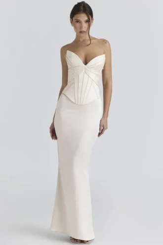 Eve Ivory Satin Korsetter Maxi Aftenkjoler – Begrenset utgave