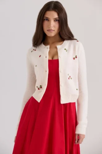 Evelina kremfarget ullcardigan med broderi