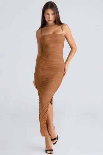 Fornarina Tan Gathered Stretch Mesh Maxi Kjoler