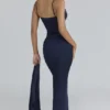 Freya Navy Satin Gathered Maxi Kjole + Skjerf