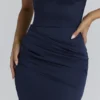 Freya Navy Satin Gathered Maxi Kjole + Skjerf