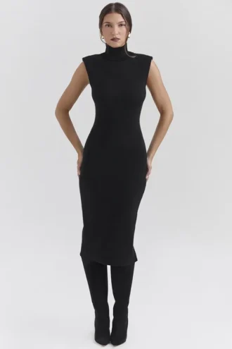 Gaia svart midikjole i kashmirblanding med turtleneck