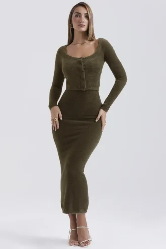 Gene Khaki myk og luftig strikkecardigan