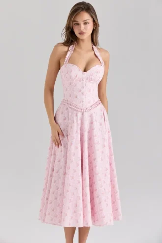 Georgie rosa roseprint stretchbomull halterneck midikjole