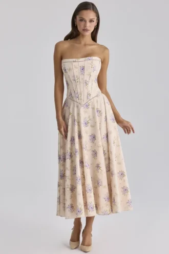 Gina Ivory Sweet Peony Floral Print Strapless Maxi Kjoler