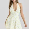 Iris Lemon blomstertrykk georgette halterneck minikjole