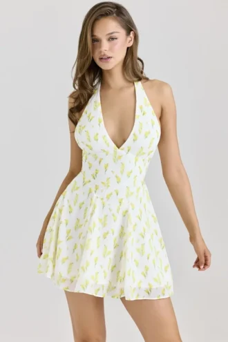 Iris Lemon blomstertrykk georgette halterneck minikjole