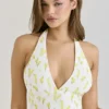Iris Lemon blomstertrykk georgette halterneck minikjole