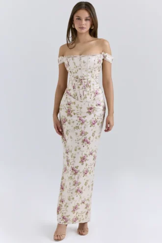Isis Vintage kremfarget korsetter-maxi-kjole med blomstertrykk