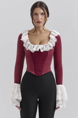 Jacinda Cabernet fløyels-korsetter-top med blonder