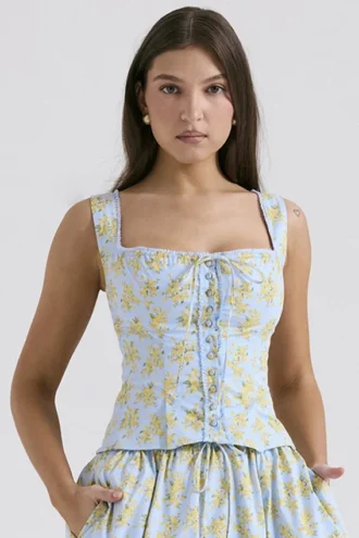 Juana myk blå bomullstopp med vintage blomstertrykk