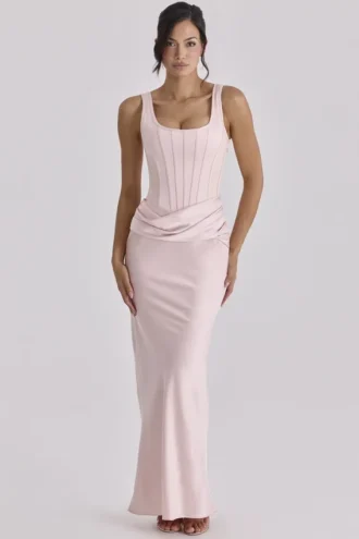 Kira Blush Pink Satin Gathered Maxi Kjoler