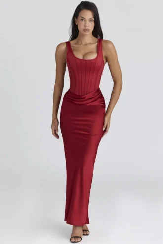 Kira rød satinkorsetter-maxidress
