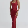 Kira rød satinkorsetter-maxidress