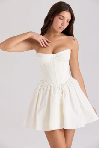 Kristiana Ivory Cotton Strapless Korsetter Mini Kjoler