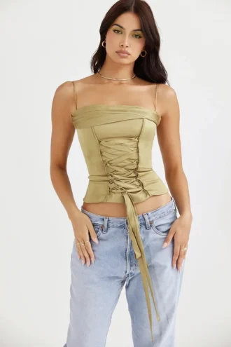 Letitia Olive Satin Lace Up Korsetter