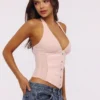 Lia rosa sateng-korsetter-topper med halterneck