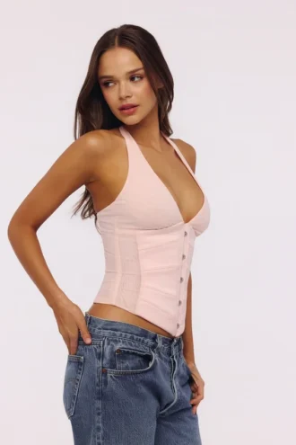 Lia rosa sateng-korsetter-topper med halterneck