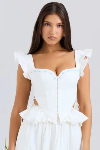 Lilibet hvit brodert bomullskorsetter-top med peplum