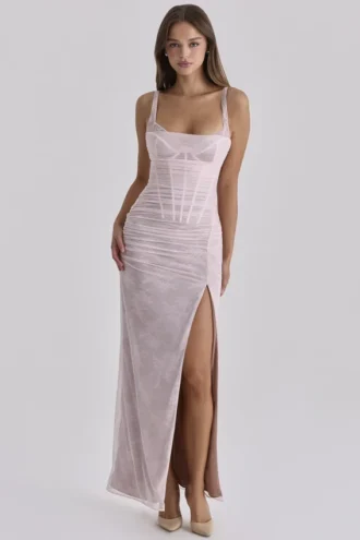 Lini Baby Pink Lace Mesh Maxi Kjoler