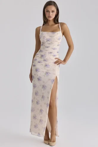 Lini Ivory Sweet Peony Print Stretch Mesh Maxi Kjoler