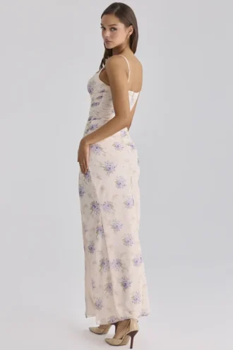 Lini Ivory Sweet Peony Print Stretch Mesh Maxi Kjoler
