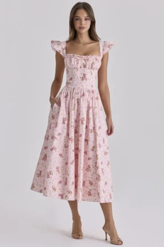 Livia rosa vintage rose bomulls midi-sommerkjoler