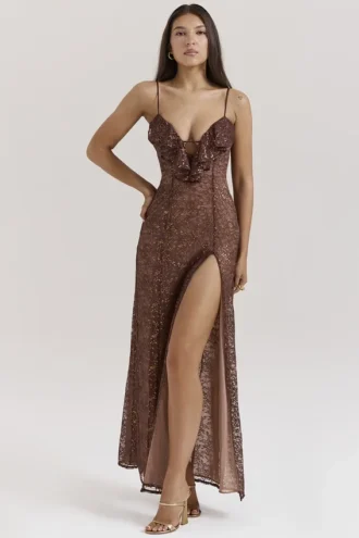 Lucianna Espresso Lace Maxi Kjoler