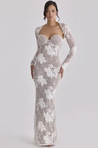 Lucienne elfenbensfarget maxi-kjol med brodert blonder – begrenset utgave