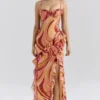 Lumira Sunset Swirl Print Ruffle Cut Out Maxi Kjoler