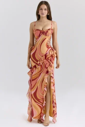 Lumira Sunset Swirl Print Ruffle Cut Out Maxi Kjoler