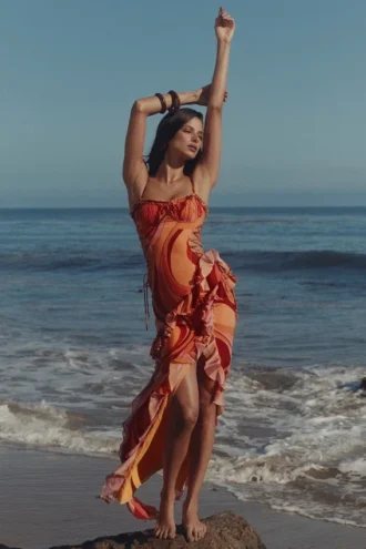 Lumira Sunset Swirl Print Ruffle Cut Out Maxi Kjoler