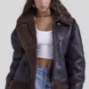 Madden brun vegansk shearling-flygerjakke