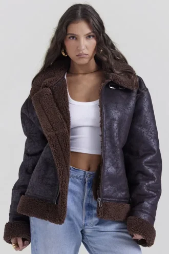 Madden brun vegansk shearling-flygerjakke