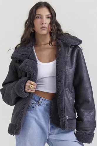 Madden grå vegansk shearling-flygerjakke