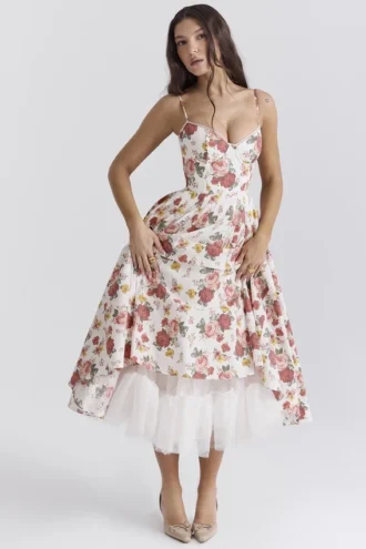 Mademoiselle italiensk roseprint-midikjole i tyll