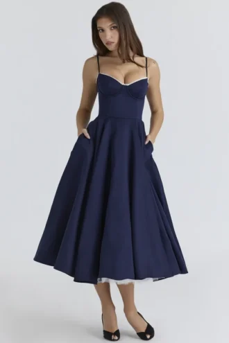 Mademoiselle Navy Satin Tulle Midi Kjoler
