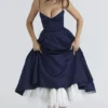 Mademoiselle Navy Satin Tulle Midi Kjoler