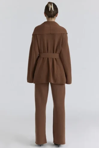 Madison Tan Cardigan i ren ull med drapert front