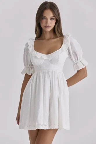 Maisie hvit broderie anglaise Regency babydoll-minikjole