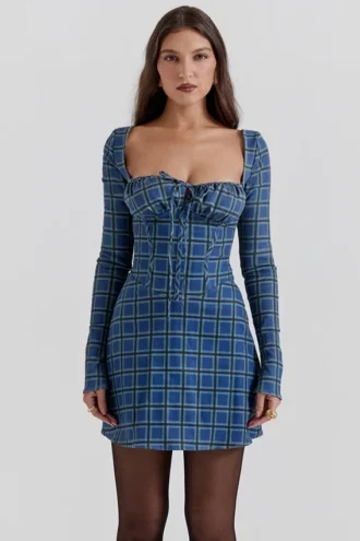 Malika blå tartan-korsetter-minikjole