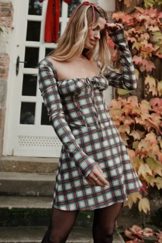 Malika rød tartan-korsetter-minikjole