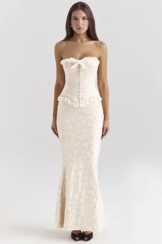 Mara Ivory Metallic Jacquard Maxi Skjørt