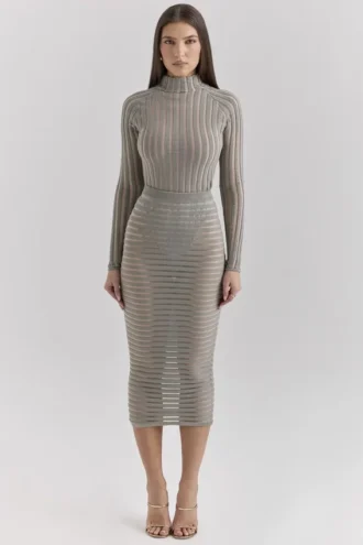 Margo grå velour-midi-skjørt med striper