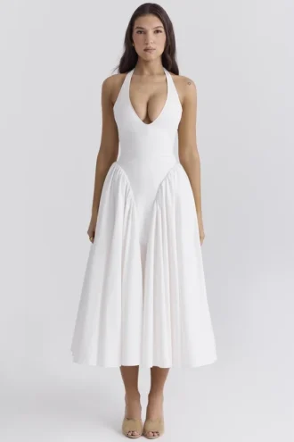 Marilyn hvit bomulls-halterneck-sommerkjole